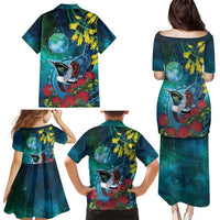 New Zealand Tui Bird Family Matching Puletasi and Hawaiian Shirt Maori Koru With Pohutukawa Galaxy Style - Polynesian Pride