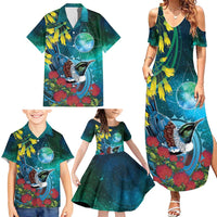 New Zealand Tui Bird Family Matching Summer Maxi Dress and Hawaiian Shirt Maori Koru With Pohutukawa Galaxy Style - Polynesian Pride