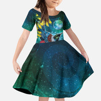 New Zealand Tui Bird Family Matching Tank Maxi Dress and Hawaiian Shirt Maori Koru With Pohutukawa Galaxy Style LT05 Daughter's Dress Blue - Polynesian Pride
