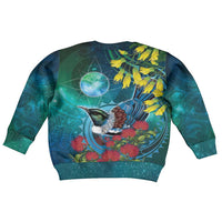 New Zealand Tui Bird Kid Ugly Christmas Sweater Maori Koru With Pohutukawa Galaxy Style - Polynesian Pride