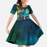 New Zealand Tui Bird Kid Short Sleeve Dress Maori Koru With Pohutukawa Galaxy Style LT05 KID Blue - Polynesian Pride