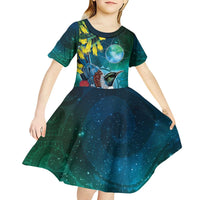 New Zealand Tui Bird Kid Short Sleeve Dress Maori Koru With Pohutukawa Galaxy Style LT05 - Polynesian Pride