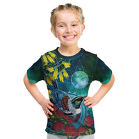 New Zealand Tui Bird Kid T Shirt Maori Koru With Pohutukawa Galaxy Style - Polynesian Pride