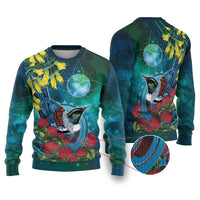 New Zealand Tui Bird Ugly Christmas Sweater Maori Koru With Pohutukawa Galaxy Style - Polynesian Pride
