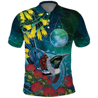 New Zealand Tui Bird Polo Shirt Maori Koru With Pohutukawa Galaxy Style LT05 Blue - Polynesian Pride