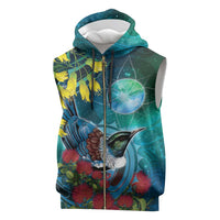 New Zealand Tui Bird Sleeveless Zip Hoodie Maori Koru With Pohutukawa Galaxy Style - Polynesian Pride