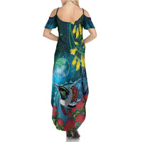 New Zealand Tui Bird Summer Maxi Dress Maori Koru With Pohutukawa Galaxy Style LT05 - Polynesian Pride
