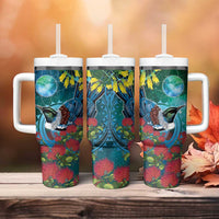 New Zealand Tui Bird Tumbler With Handle Maori Koru With Pohutukawa Galaxy Style - Polynesian Pride