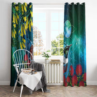 New Zealand Tui Bird Window Curtain Maori Koru With Pohutukawa Galaxy Style - Polynesian Pride