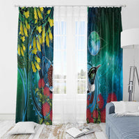 New Zealand Tui Bird Window Curtain Maori Koru With Pohutukawa Galaxy Style - Polynesian Pride