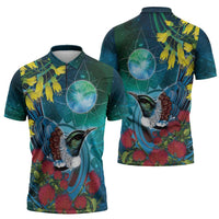 New Zealand Tui Bird Zipper Polo Shirt Maori Koru With Pohutukawa Galaxy Style - Polynesian Pride