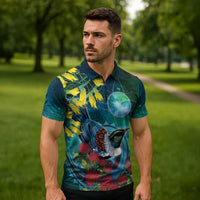 New Zealand Tui Bird Zipper Polo Shirt Maori Koru With Pohutukawa Galaxy Style - Polynesian Pride