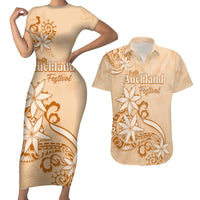 Personalised New Zealand Auckland Folk Festival Couples Matching Short Sleeve Bodycon Dress and Hawaiian Shirt Vintage Style LT05 Brown - Polynesian Pride