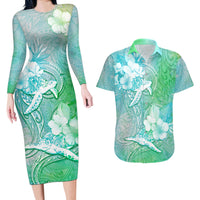 Couple Sea Turtle One Love One Heart Couples Matching Long Sleeve Bodycon Dress and Hawaiian Shirt LT05 Aqua - Polynesian Pride