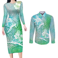 Couple Sea Turtle One Love One Heart Couples Matching Long Sleeve Bodycon Dress and Long Sleeve Button Shirt LT05 Aqua - Polynesian Pride
