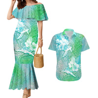 Couple Sea Turtle One Love One Heart Couples Matching Mermaid Dress and Hawaiian Shirt LT05 Aqua - Polynesian Pride