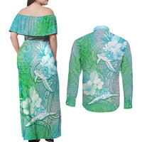 Couple Sea Turtle One Love One Heart Couples Matching Off Shoulder Maxi Dress and Long Sleeve Button Shirt LT05 - Polynesian Pride