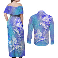 Couple Blue Sea Turtle Heart Love Couples Matching Off Shoulder Maxi Dress and Long Sleeve Button Shirt LT05 - Polynesian Pride