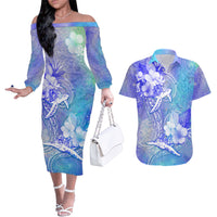 Couple Blue Sea Turtle Heart Love Couples Matching Off The Shoulder Long Sleeve Dress and Hawaiian Shirt LT05 Blue - Polynesian Pride