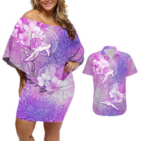 Couple Sea Turtle Love Give Us A Fairytale Couples Matching Off Shoulder Short Dress and Hawaiian Shirt LT05 Pink - Polynesian Pride