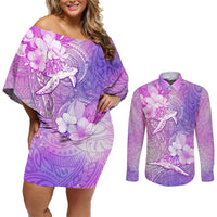 Couple Sea Turtle Love Give Us A Fairytale Couples Matching Off Shoulder Short Dress and Long Sleeve Button Shirt LT05 Pink - Polynesian Pride