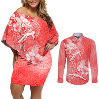 Polynesia Sea Turtle Couple Couples Matching Off Shoulder Short Dress and Long Sleeve Button Shirt Happy Valentine Day Red LT05 Red - Polynesian Pride
