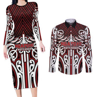 Custom Aotearoa Ngapuhi Couples Matching Long Sleeve Bodycon Dress and Long Sleeve Button Shirt Maori Tribal Pattern Mix Poutama LT05 Red - Polynesian Pride