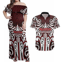 Custom Aotearoa Ngapuhi Couples Matching Off Shoulder Maxi Dress and Hawaiian Shirt Maori Tribal Pattern Mix Poutama LT05 Red - Polynesian Pride