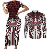 Custom Aotearoa Ngapuhi Couples Matching Short Sleeve Bodycon Dress and Long Sleeve Button Shirt Maori Tribal Pattern Mix Poutama