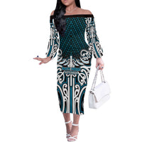 Custom Aotearoa Ngati Porou Off The Shoulder Long Sleeve Dress Maori Tribal Pattern Mix Poutama LT05 Women Blue - Polynesian Pride