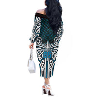 Custom Aotearoa Ngati Porou Off The Shoulder Long Sleeve Dress Maori Tribal Pattern Mix Poutama LT05 - Polynesian Pride