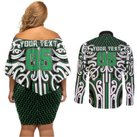 Custom Aotearoa Ngai Tahu Couples Matching Off Shoulder Short Dress and Long Sleeve Button Shirt Maori Tribal Pattern Mix Poutama LT05 - Polynesian Pride