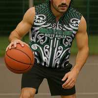 Custom Aotearoa Ngai Tahu Sleeveless Zip Hoodie Maori Tribal Pattern Mix Poutama