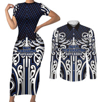 Custom Aotearoa Ngati Tuwharetoa Couples Matching Short Sleeve Bodycon Dress and Long Sleeve Button Shirt Maori Tribal Pattern Mix Poutama LT05 Navy - Polynesian Pride