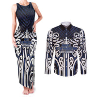Custom Aotearoa Ngati Tuwharetoa Couples Matching Tank Maxi Dress and Long Sleeve Button Shirt Maori Tribal Pattern Mix Poutama