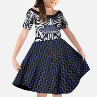 Custom Aotearoa Ngati Tuwharetoa Family Matching Tank Maxi Dress and Hawaiian Shirt Maori Tribal Pattern Mix Poutama LT05 Daughter's Dress Navy - Polynesian Pride