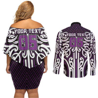Custom Aotearoa Rangitane Couples Matching Off Shoulder Short Dress and Long Sleeve Button Shirt Maori Tribal Pattern Mix Poutama
