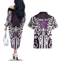 Custom Aotearoa Rangitane Couples Matching Off The Shoulder Long Sleeve Dress and Hawaiian Shirt Maori Tribal Pattern Mix Poutama LT05 - Polynesian Pride