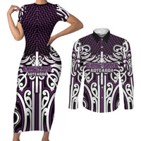 Custom Aotearoa Rangitane Couples Matching Short Sleeve Bodycon Dress and Long Sleeve Button Shirt Maori Tribal Pattern Mix Poutama LT05 Purple - Polynesian Pride