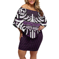 Custom Aotearoa Rangitane Family Matching Off Shoulder Short Dress and Hawaiian Shirt Maori Tribal Pattern Mix Poutama LT05 Mom's Dress Purple - Polynesian Pride