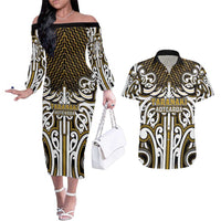 Custom Aotearoa Taranaki Couples Matching Off The Shoulder Long Sleeve Dress and Hawaiian Shirt Maori Tribal Pattern Mix Poutama