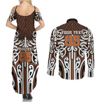 Custom Aotearoa Waikato Couples Matching Summer Maxi Dress and Long Sleeve Button Shirt Maori Tribal Pattern Mix Poutama