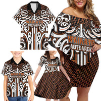 Custom Aotearoa Waikato Family Matching Off Shoulder Short Dress and Hawaiian Shirt Maori Tribal Pattern Mix Poutama