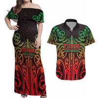 Custom Aotearoa Tuhoe Couples Matching Off Shoulder Maxi Dress and Hawaiian Shirt Maori Tribal Pattern Mix Poutama LT05 Black - Polynesian Pride