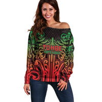 Custom Aotearoa Tuhoe Off Shoulder Sweater Maori Tribal Pattern Mix Poutama LT05 Women Black - Polynesian Pride