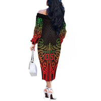 Custom Aotearoa Tuhoe Off The Shoulder Long Sleeve Dress Maori Tribal Pattern Mix Poutama