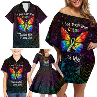 I See Your True Colors Personalised Family Matching Off Shoulder Short Dress and Hawaiian Shirt Autism Awareness