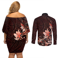 Matariki New Zealand Couples Matching Off Shoulder Short Dress and Long Sleeve Button Shirt Maori Pattern Red Galaxy