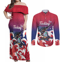 Guam Blue Marlin Fishing Couples Matching Off Shoulder Maxi Dress and Long Sleeve Button Shirt Polynesian Style LT05 Red - Polynesian Pride