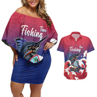 Guam Blue Marlin Fishing Couples Matching Off Shoulder Short Dress and Hawaiian Shirt Polynesian Style LT05 Red - Polynesian Pride